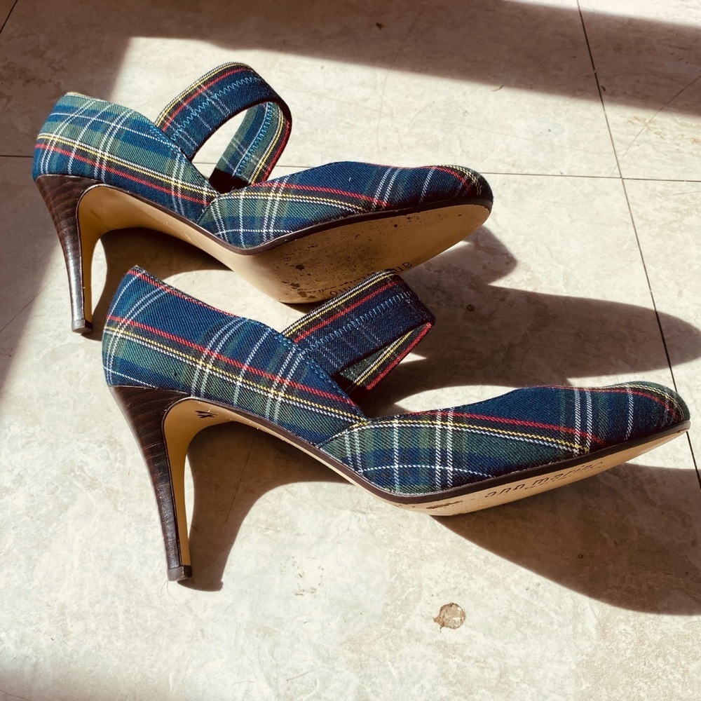 BETTYE MULLER ANN MARIANO PLAID MARY JANE PUMPS GREEN BLUE Size 10